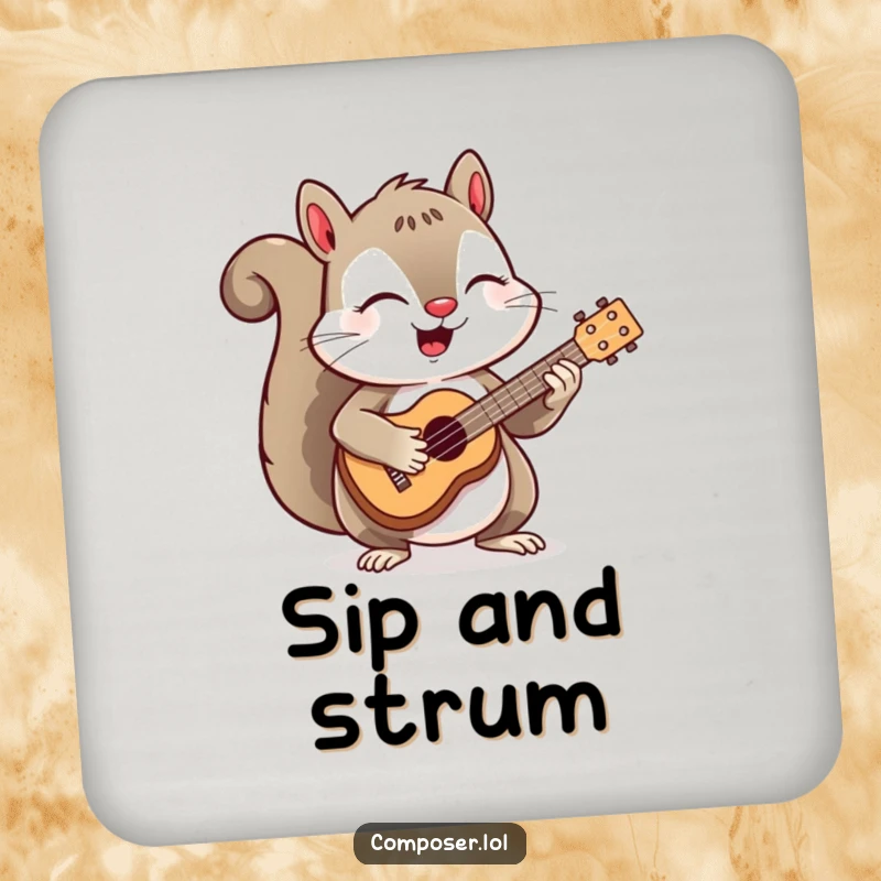 Funny coaster with a happy squirrel musician strumming a miniature ukulele, adding a playful, musical touch to any surface.