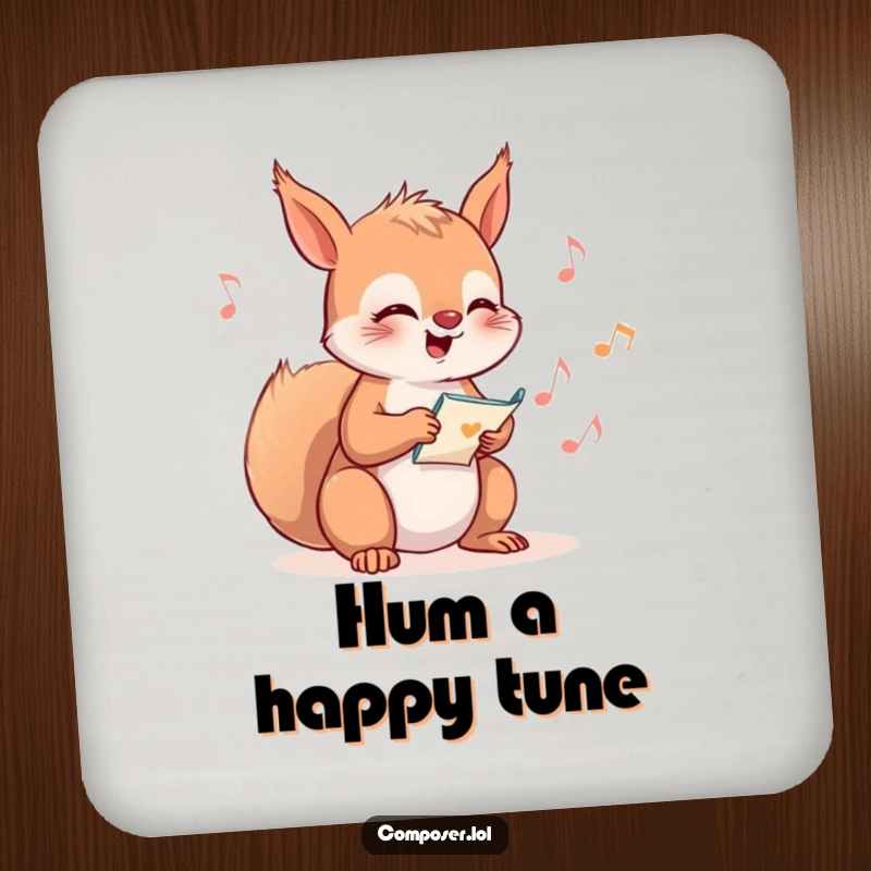 Funny Squirrel Composer Drink Coaster, showing a happy squirrel giggling while writing musical notes.