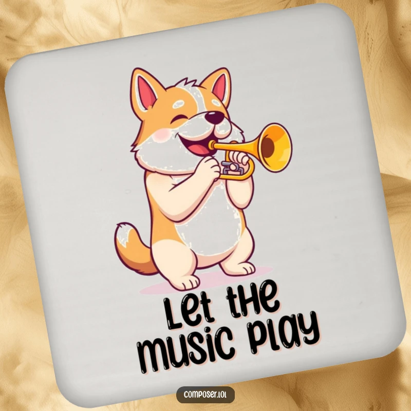Funny Trumpet Dog Music Coaster: Proud dog playing majestic trumpet, protective and humorous table accessory