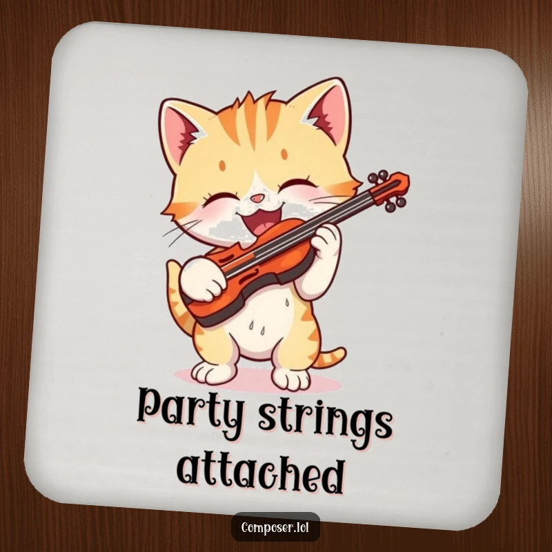 Funny playful cartoon kitten gleefully playing a tiny violin on a drink coaster, a charming musical accent.