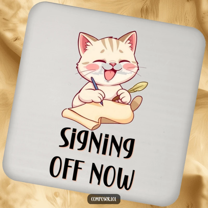 Funny cat scribe coaster, protecting surfaces with a cute cat writing theme. A practical, funny gift.