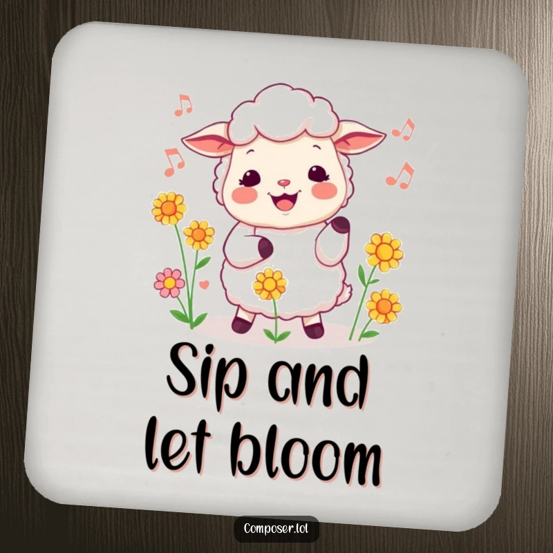 Funny sheep coaster featuring a cheerful sheep conducting flowers with a musical tune, a humorous and protective tabletop accessory.
