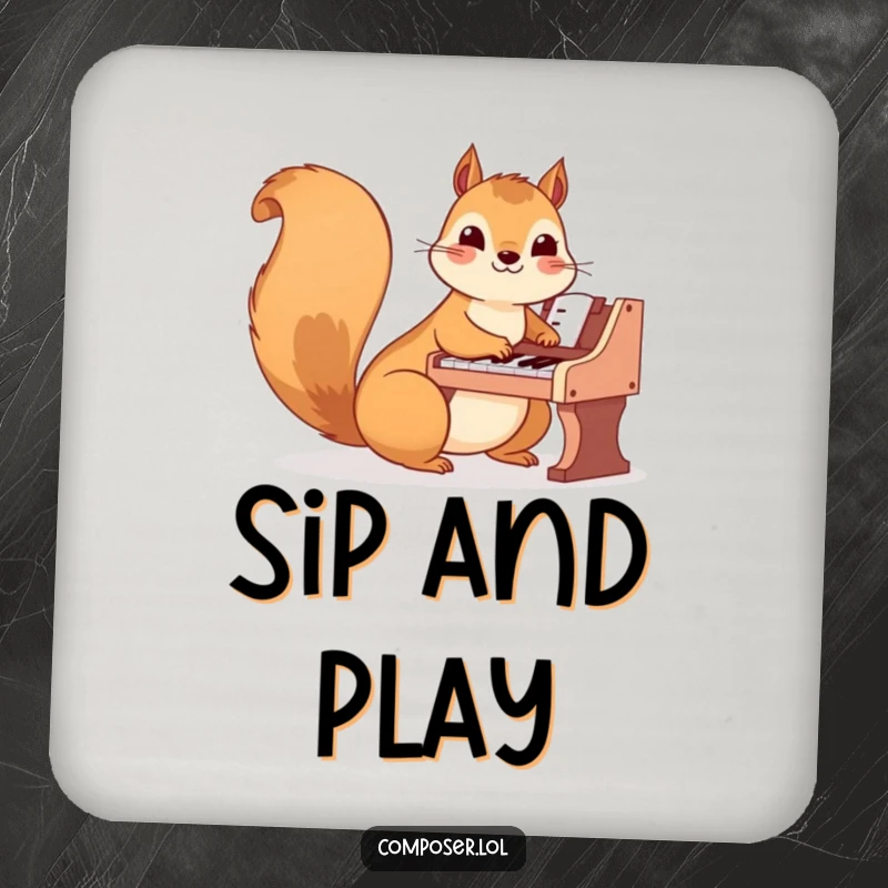 Funny Squirrel Drink Coaster: A happy squirrel plays a tiny piano, adding a musical and humorous touch to protect surfaces.