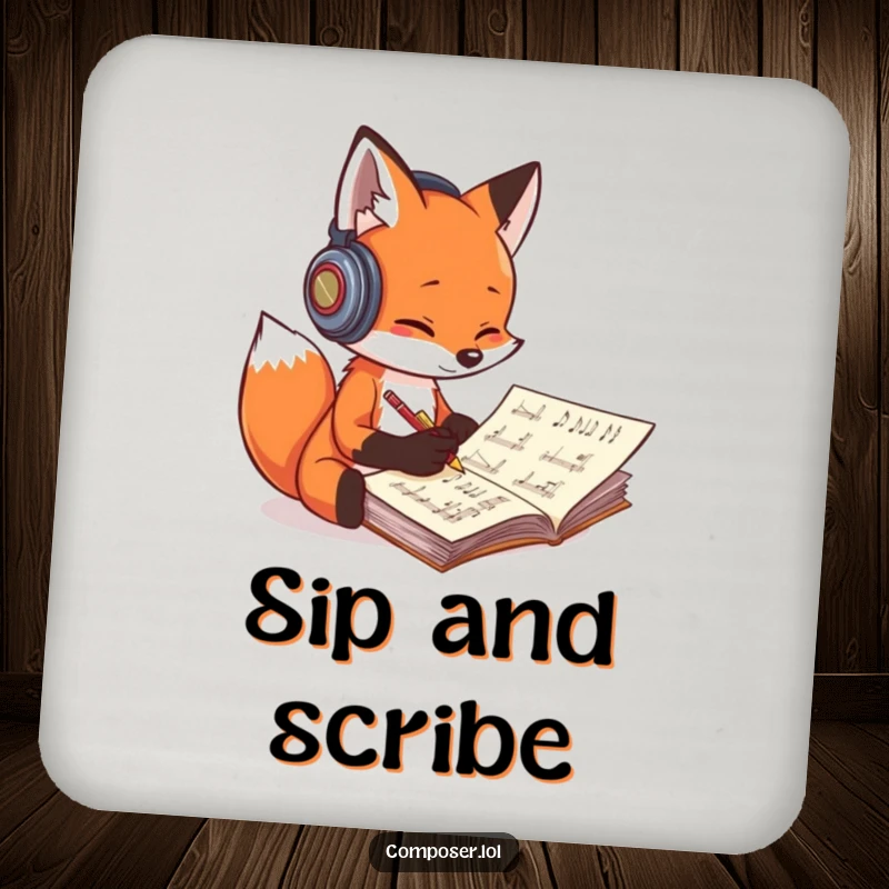 Funny fox composer drink coasters, a fox scribbling music notes, protecting surfaces with artistic flair.