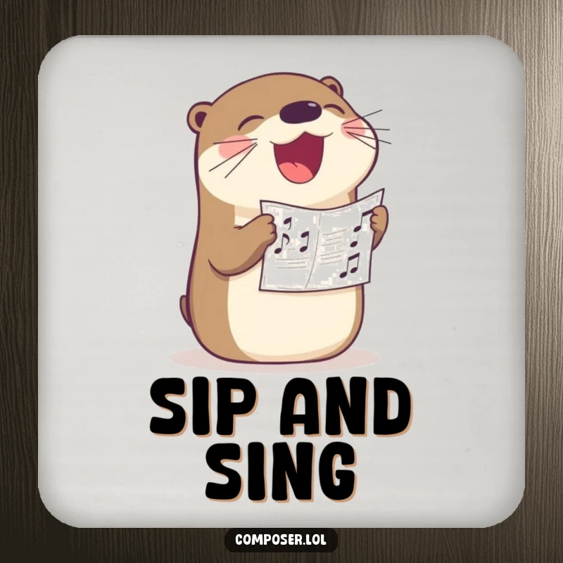 Funny otter singer coasters, a happy otter singing with sheet music in its beak, protecting surfaces with musical cheer.