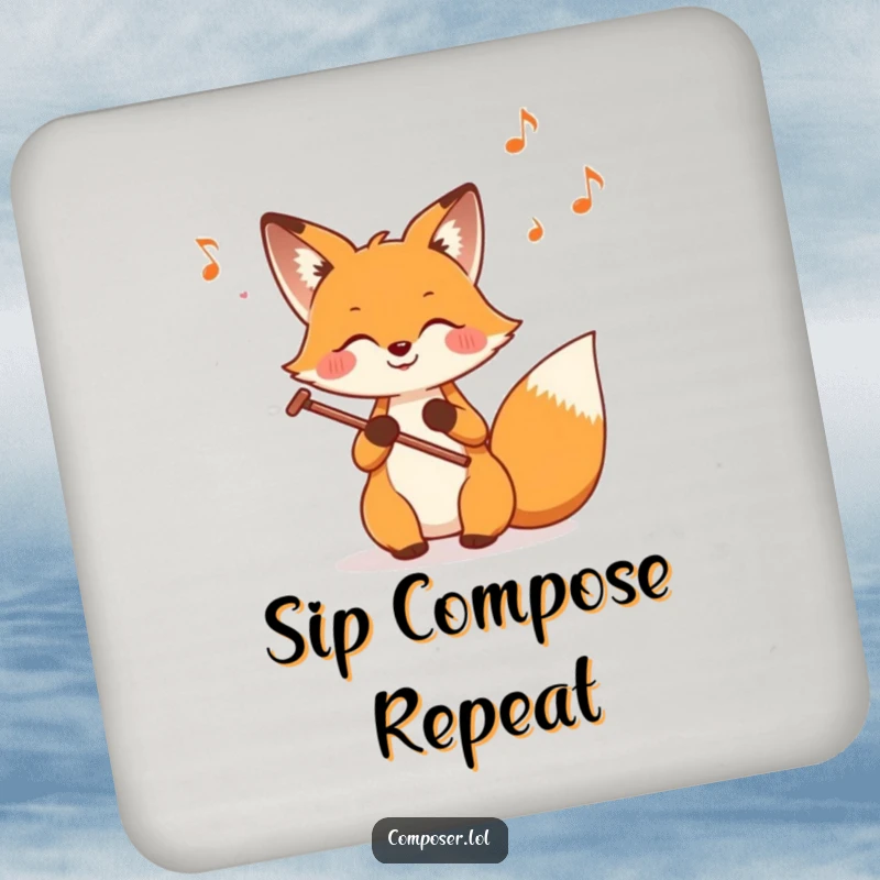Funny Fox Composer Drink Coaster, showing a happy fox meticulously writing musical notes on a staff.