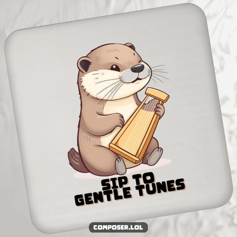 Funny otter coaster featuring a determined otter playing a tiny harp, a humorous and protective tabletop accessory.