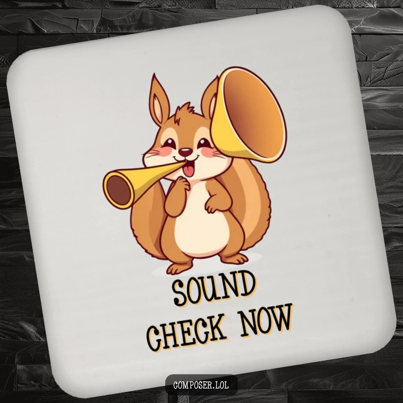 Funny squirrel playing a large French horn, featured on a set of drink coasters to add humor to any table.