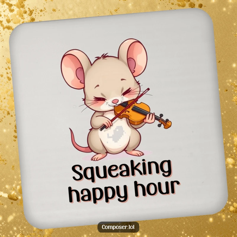 Funny Mouse Coaster: Tiny mouse playing tiny violin with intense concentration, protecting surfaces with focus.