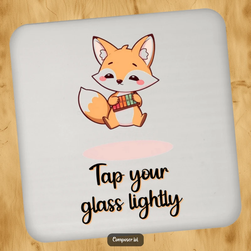 Funny fox coaster featuring a bouncy fox playing a tiny xylophone, a humorous and protective tabletop accessory.