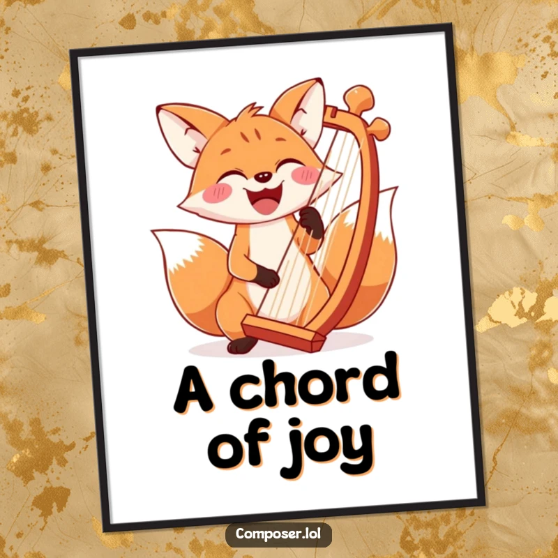 Funny joyful fox smiling, playing a grand chord on a huge harp, vibrant wall art poster.