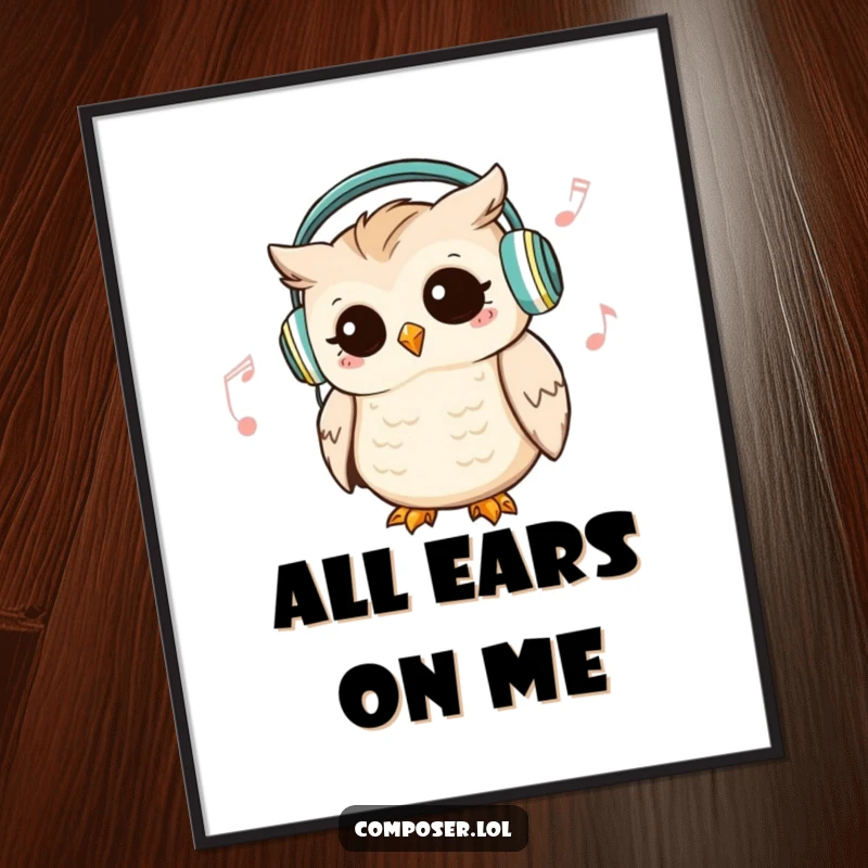 Funny Owl DJ Poster: a cute owl wears headphones and nods rhythmically, ideal for music-themed wall art.