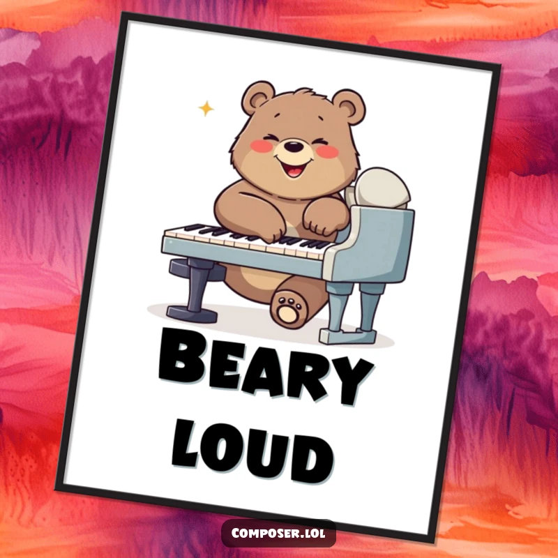 Funny bear composer poster, a happy bear dramatically playing a grand piano, radiating musical energy and cheer.