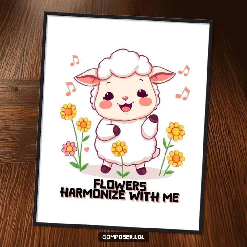 Funny sheep poster showing a cheerful sheep conducting a chorus of flowers with a humorous musical theme, garden wall art.
