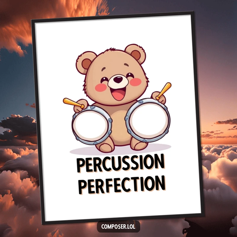 Funny poster art of a bear cub with a huge grin, joyfully banging on oversized cymbals, capturing boundless energy and fun.