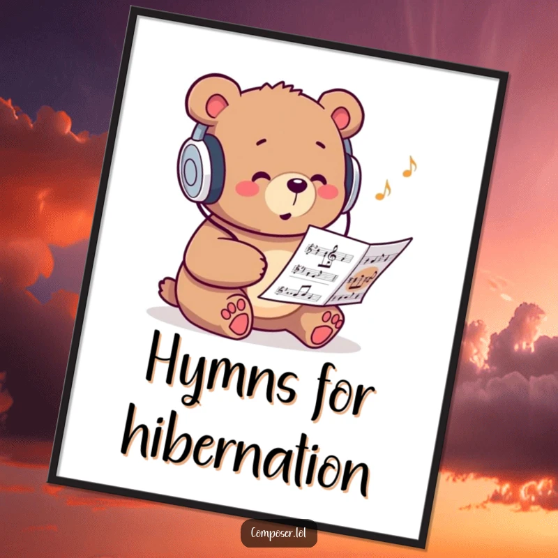 Funny poster of a studious bear wearing headphones and humming to sheet music, creating a cool vibe.