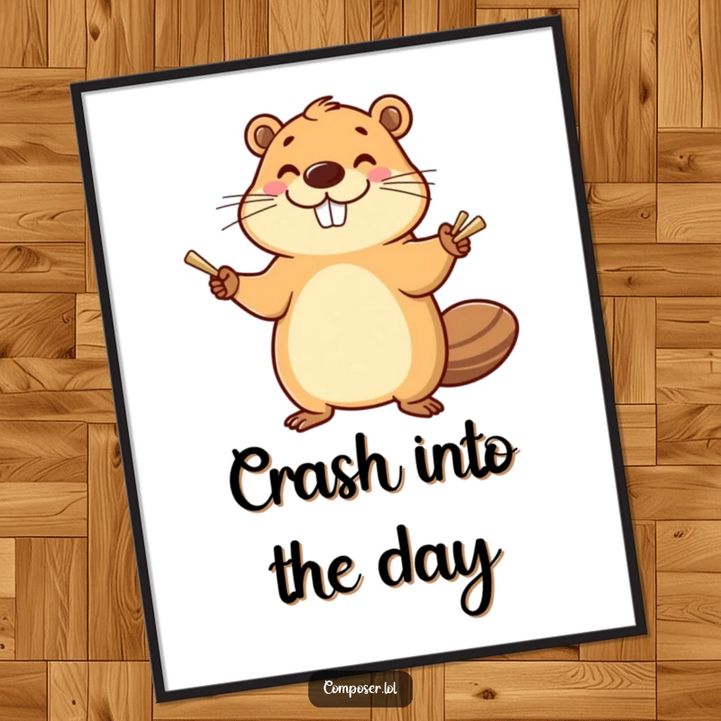Funny Beaver Cymbals Poster: Smiling beaver enthusiastically banging cymbals with a happy flourish, artistic and humorous wall decor