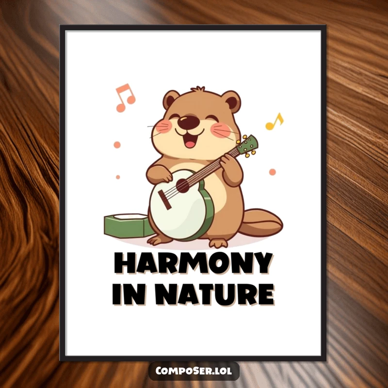 Funny poster art of a beaming beaver precisely arranging various musical instruments with a happy, focused demeanor.