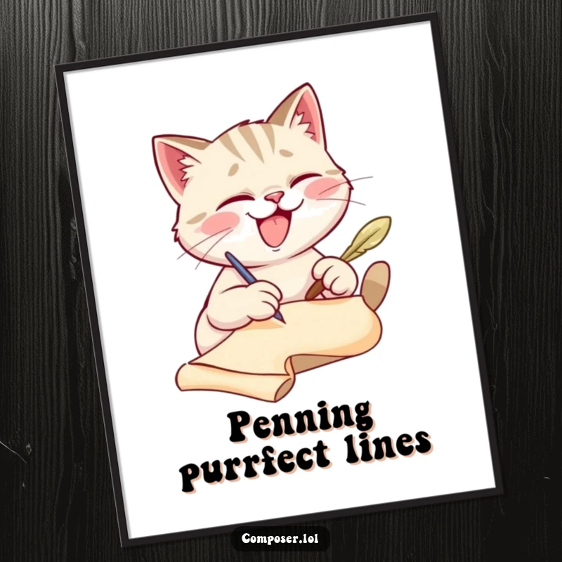 Funny cat scribe poster, showcasing a cat diligently writing, adding character to any room. A humorous wall art gift.