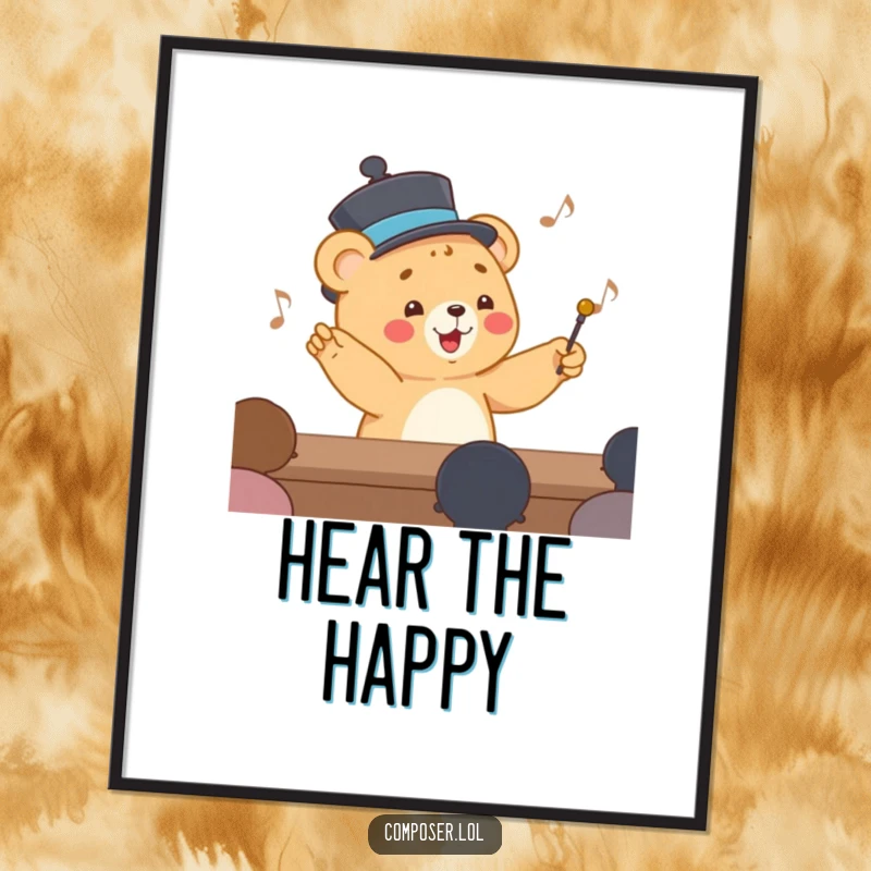 Funny Poster art of a happy cartoon bear cub in a smart hat, conducting an invisible orchestra with a tiny baton.