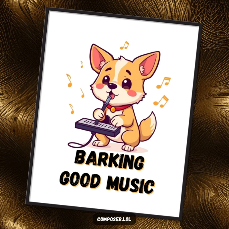 Funny poster of a determined dog composer barking music, tail wagging joyfully, eyes shining with inspiration and rhythm.
