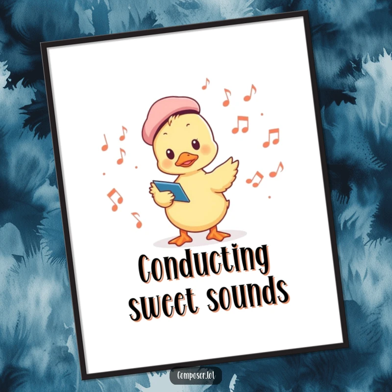 Funny poster depicting a duckling in a beret conducting a choir of musical notes, a whimsical and charming piece of art.