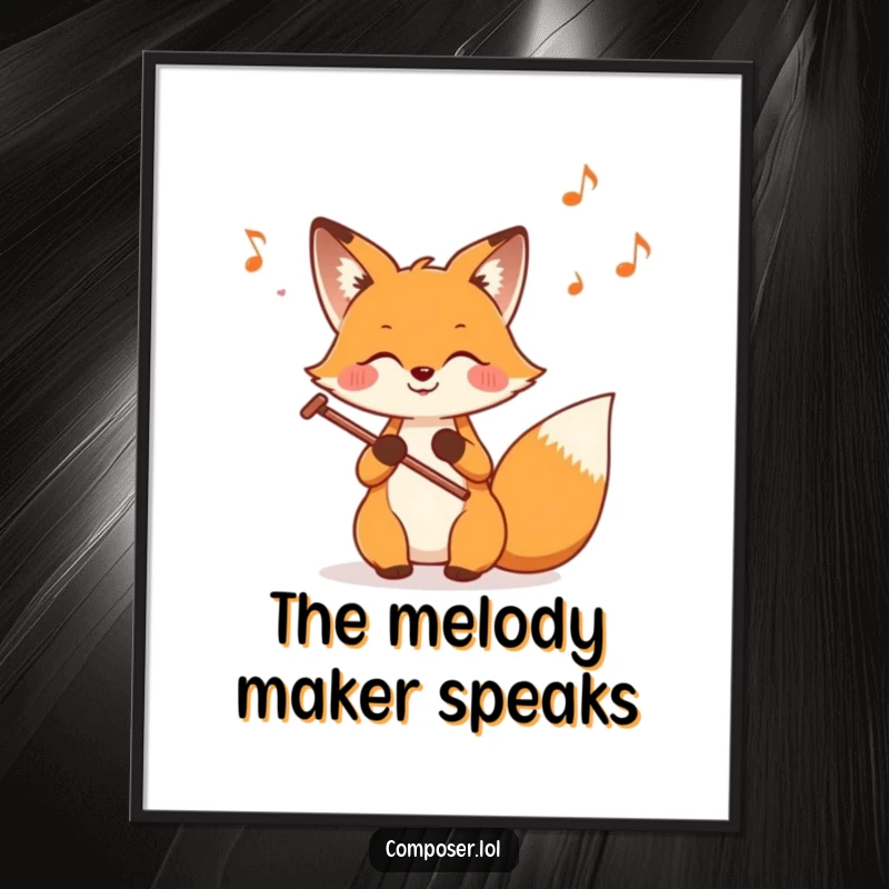 Funny Fox Composer Poster, illustrating a joyful fox skillfully composing music with whimsical notes dancing in the air.