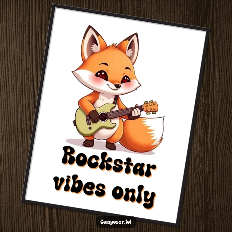 Funny, mischievous fox playing a miniature guitar with energetic flair, printed as wall art. Perfect addition to any room.