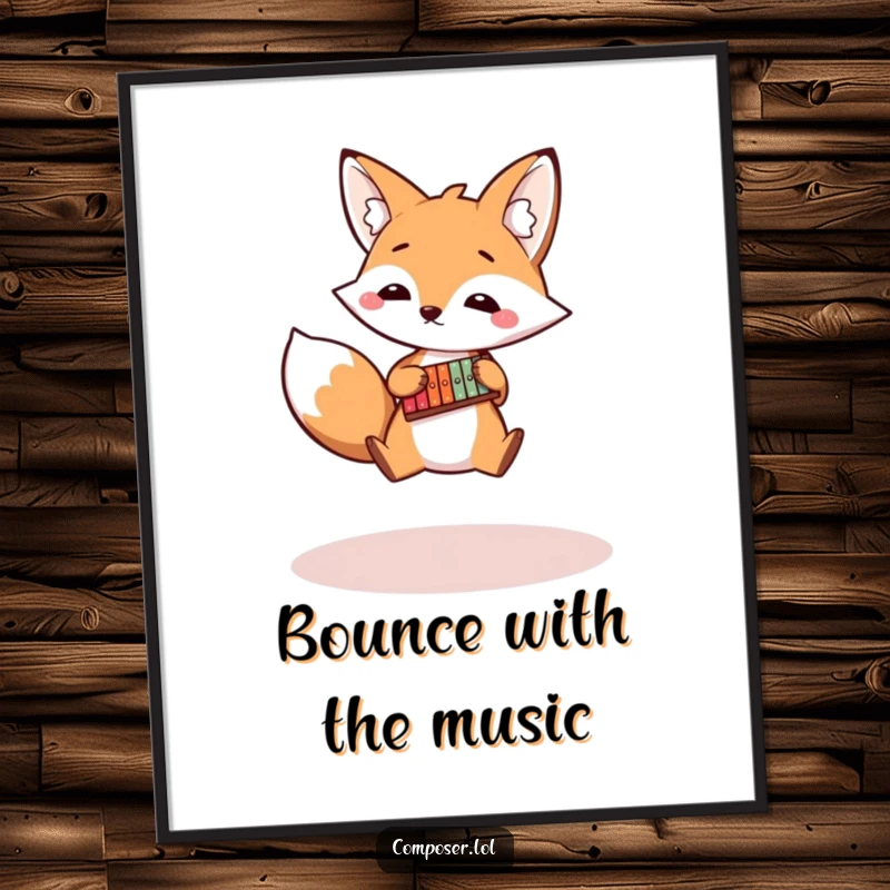 Funny fox poster depicting a bouncy fox leaping while playing a tiny xylophone, humorous and energetic wall art.