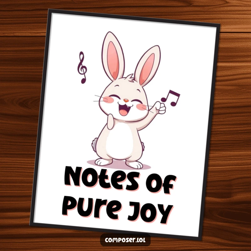 Funny giggling cartoon rabbit triumphantly tapping musical notation on a poster, celebrating artistic music creation.