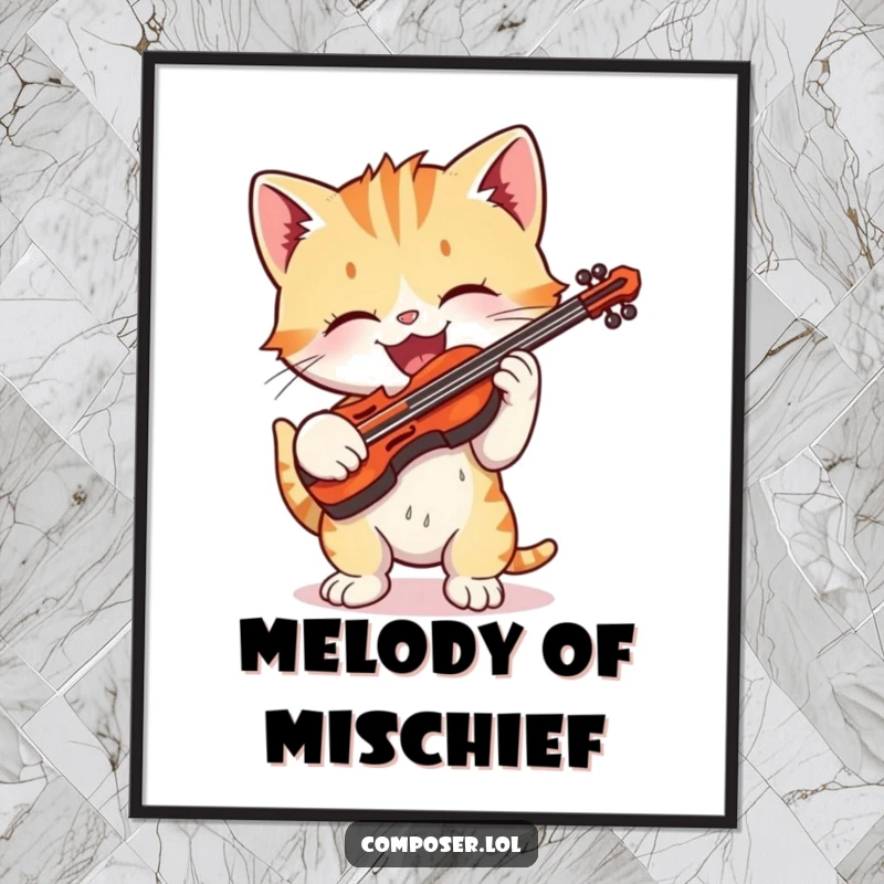 Funny cartoon kitten gleefully playing a tiny violin with exaggerated delight on a poster, celebrating musical artistry.