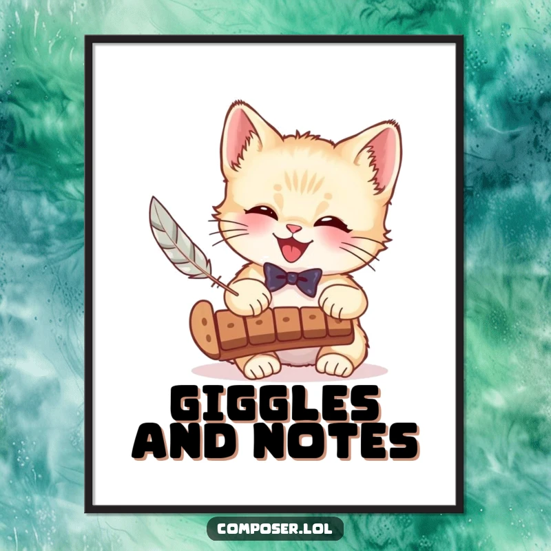 Funny poster of a giggling kitten wearing a bow tie, playing a xylophone with a feather, capturing a moment of pure, musical feline joy.