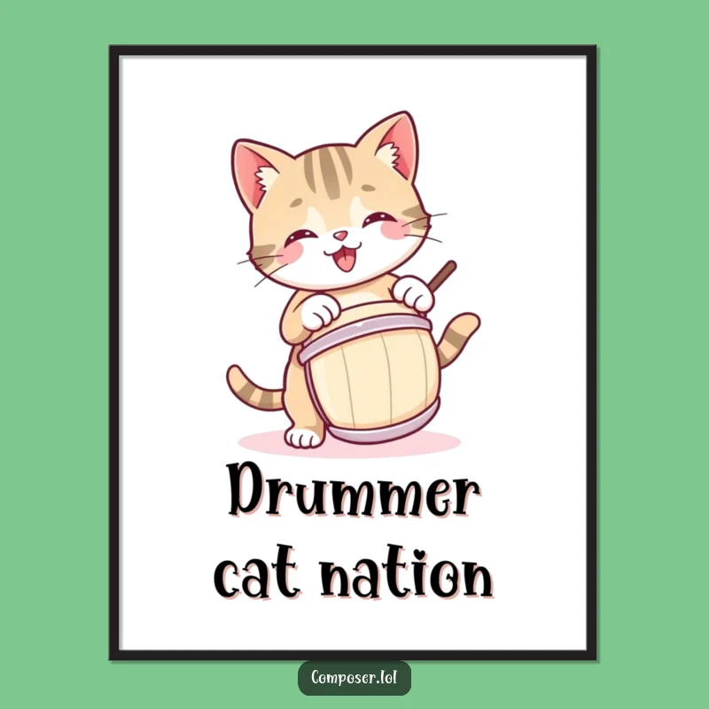 Funny Kitty Drummer Poster: Playful Cat's Rhythmic Joy - Art for Music Lovers!