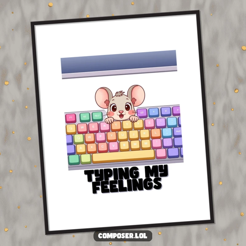 Funny Poster: A surprised cartoon mouse with wide eyes emerging from a giant, colorful musical keyboard, adding whimsical art.