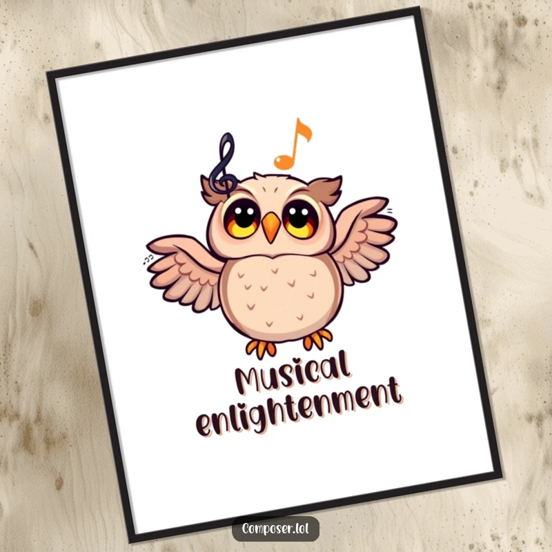Funny cartoon owl looking up at a glowing musical staff on a poster, depicting magical musical moments.