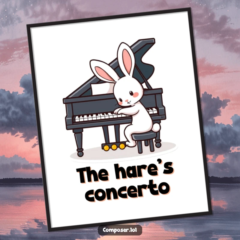 Funny poster showing a playful rabbit with big ears tapping the keys of a grand piano, creating delightful melodies.