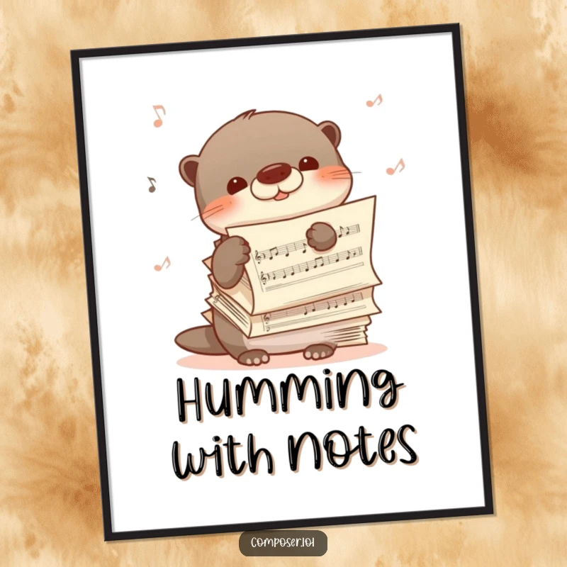 Funny poster of a shy otter peeking from behind sheet music, humming happily, embodying serene musical enjoyment and gentle charm.