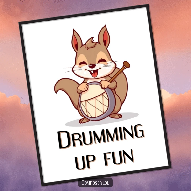 Funny squirrel drummer poster, a mischievous squirrel playing a drum with gusto, perfect humorous wall art for music lovers.