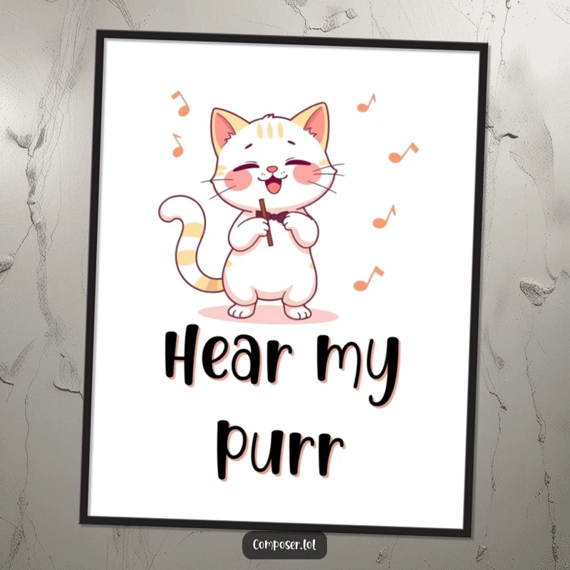 Funny cat composer poster, a giggling cat conducting with its tail, adding whimsical musical charm to decor.