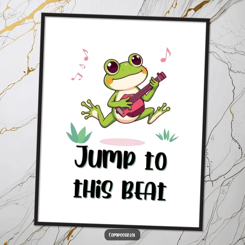 Funny poster of a joyful frog composer leaping exuberantly while composing a catchy tune, radiating pure musical delight.