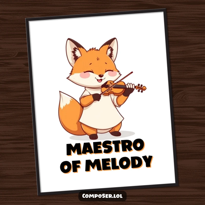 Funny poster art of a fox in a smock playing a miniature violin with closed eyes, embodying passionate musical performance.