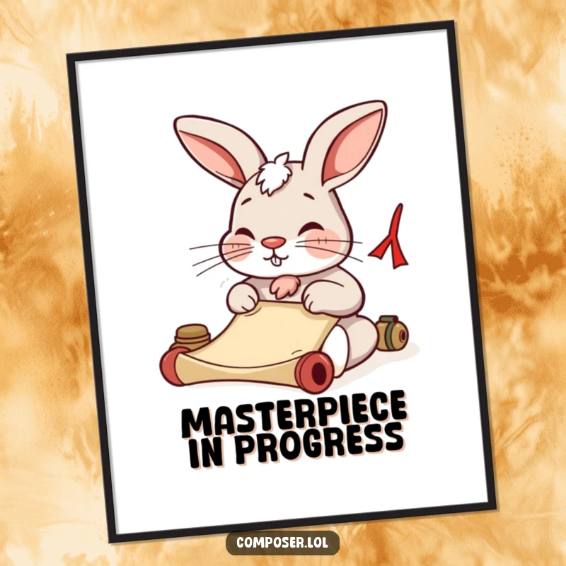 Funny rabbit focused intently on writing on a scroll, nose twitching, as wall art. Perfect for a study.