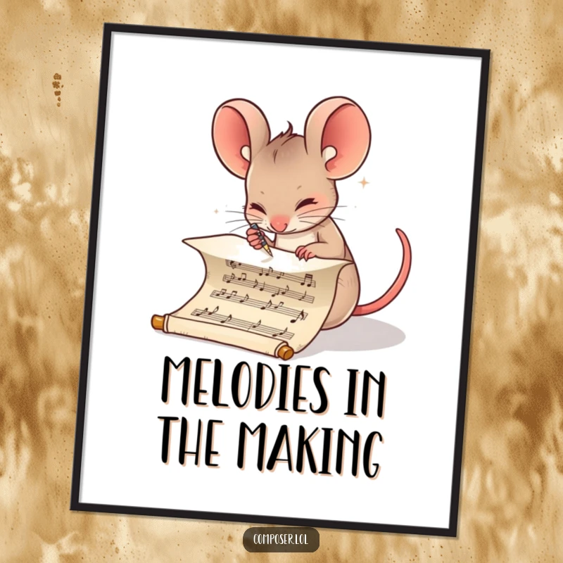 Funny Composer Mouse Poster: Determined mouse meticulously writing musical notes on a scroll, artistic and humorous wall decor
