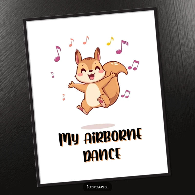 Funny Squirrel Music Poster - A playful squirrel leaping between musical notes, whimsical wall art for music and nature lovers.