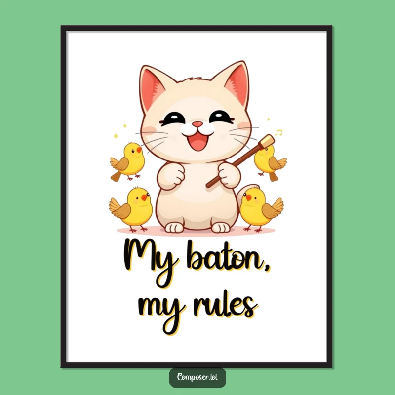 Funny Cat Conductor Poster: Adorable Maestro Cat Leading Bird Symphony Art Print
