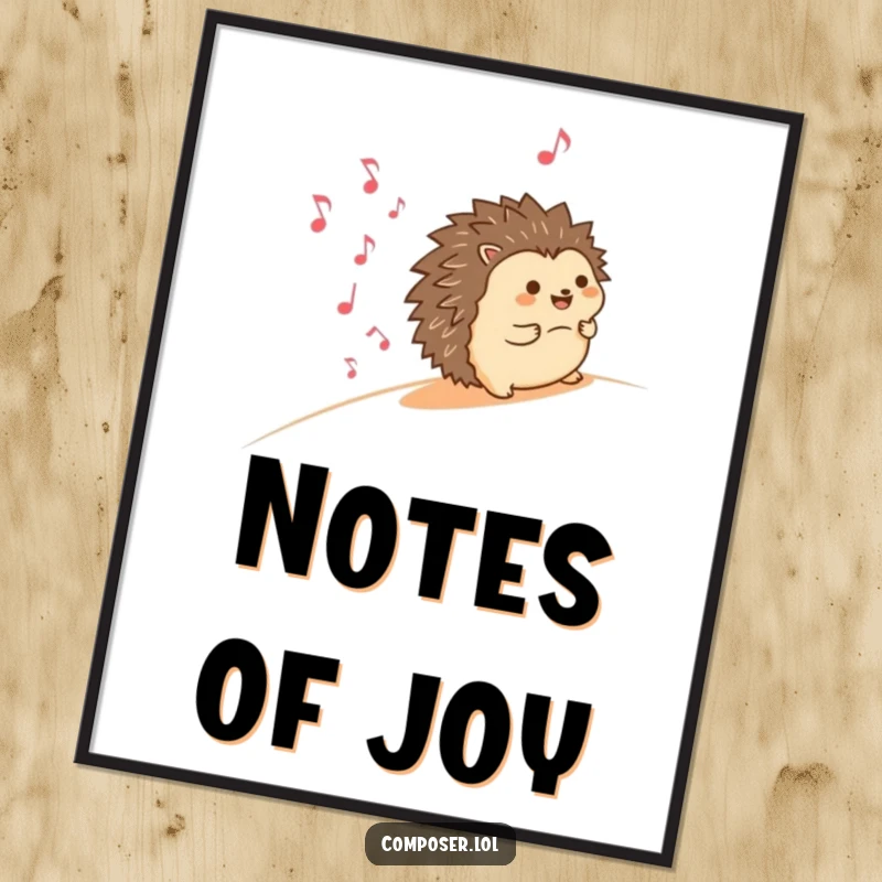 Funny poster of a happy hedgehog rolling downhill, leaving a trail of smiling musical notes, adding a burst of cheerful, musical energy to any room.