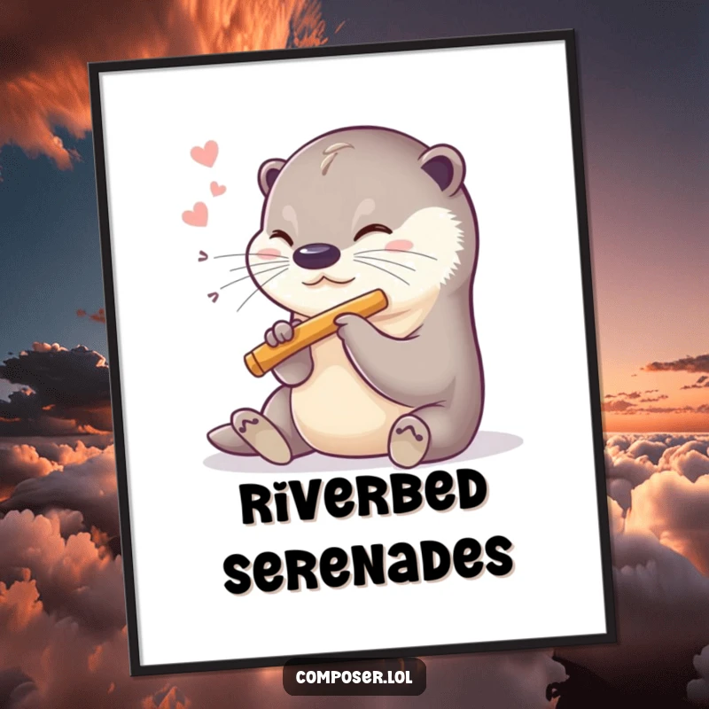 Funny poster depicting a sweet otter happily playing a miniature flute with a contented sigh.