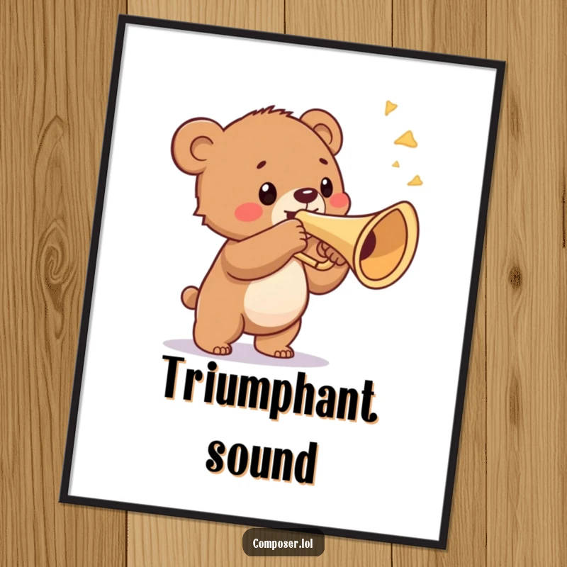Funny poster of a proud bear cub blowing a triumphant fanfare on a ridiculously large trumpet, adding bold musical energy to any room.