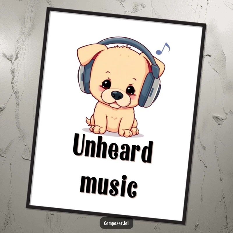Funny poster of a curious puppy wearing oversized headphones, bopping its head to unheard melodies, adding cool musical vibes to any room.