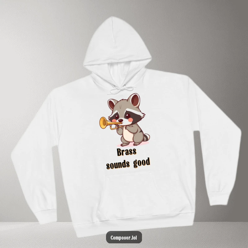 Funny Raccoon Trumpet Hoodie: a playful raccoon blows into a tiny trumpet with puffed cheeks, looking joyful.